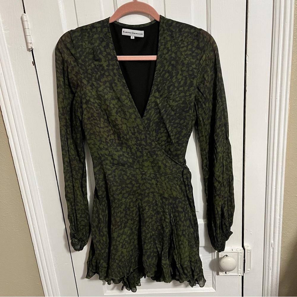 Karina Grimaldi Green Black Wrap Dress Long Sleeve Small - Picture 1 of 7